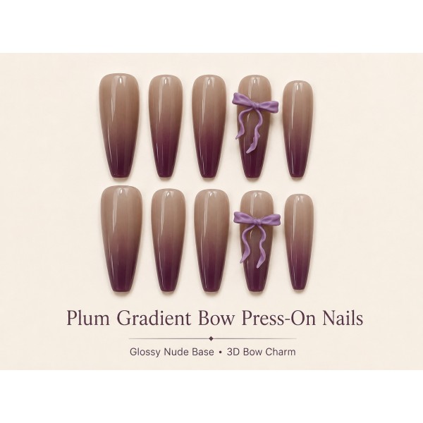 Nude Plum‑Purple Gradient 3D Bow Press‑On Nails, Long Coffin Elegant False Nails